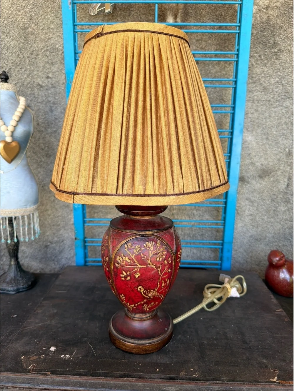 Vintage Red and Gold Ornate Table Lamp with Pleated Gold Shade